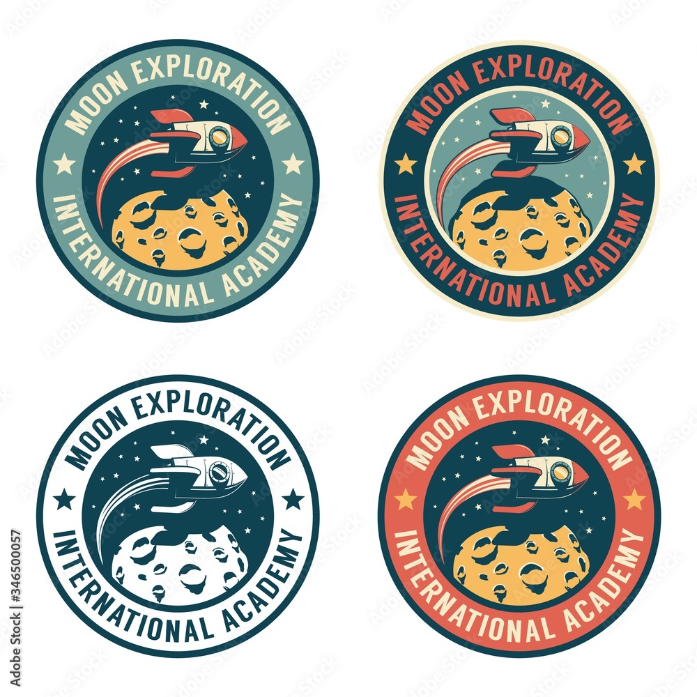 Space Rocket flying over the moon - retro badge. Spaceship and planet with craters - vintage emblem. Vector illustration.