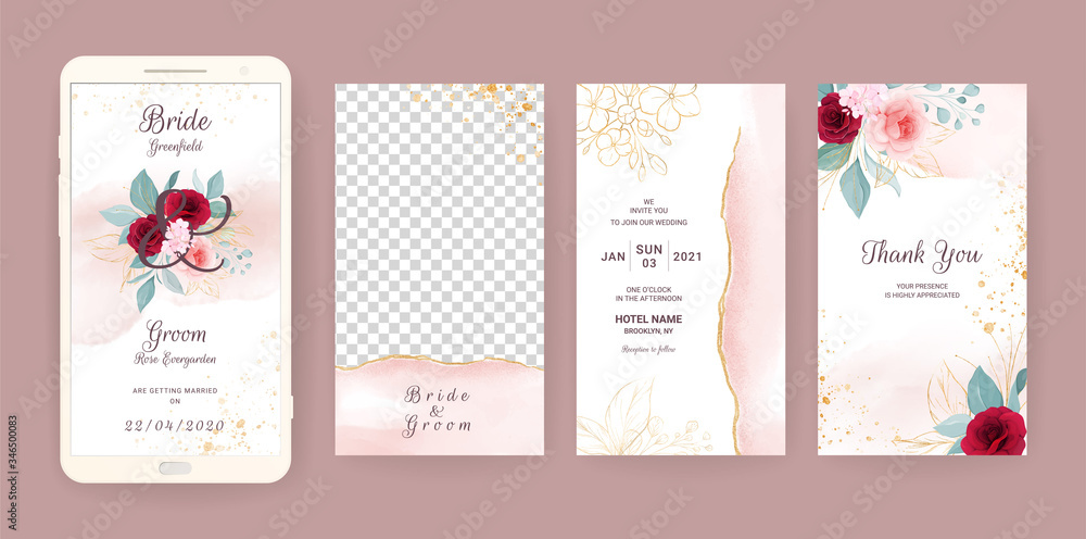 Electronic wedding invitation card template set with floral and watercolor background. Flowers illustration for social media stories, save the date, greeting, rsvp, thank you