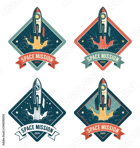 Rocket start in space vintage badge. Spaceship retro emblem. Vector illustration.