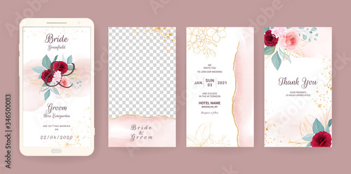 Electronic wedding invitation card template set with floral and watercolor background. Flowers illustration for social media stories, save the date, greeting, rsvp, thank you