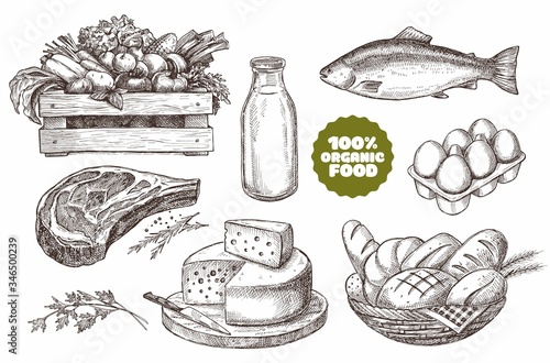 Set of illustrations of farm products. Natural products: meat, cheese, bread, milk, eggs, fish, vegetables. Vintage design.