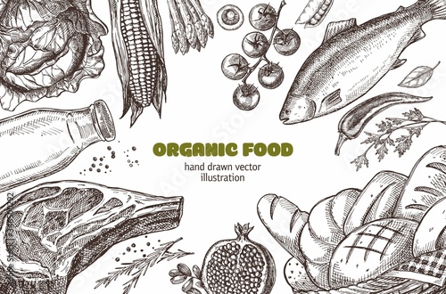 Set of illustrations of farm products. Natural products: meat, bread, milk, fish, cabbage, tomatoes. Design for the menu of shops and cafes.