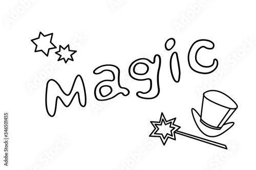 Magic - Vector hand written text outline word isolated. Card, congratulation, greeting. Party poster, advertising, banner, placard design template. With flat wand and a magician's top hat