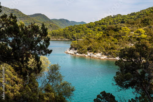 Saltwater lakes National Park on the island Mljet, Croatia. Mediterranean coast with greenery, pine trees in the nature creating a serene calm mindful scene. Small lake turquoise bright colored water