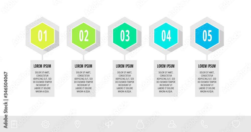 Hexagon infographic design template with 5 options and arrows. Vector business concept. Can be used for diagram, web, banner, workflow layout, presentations, flow chart, content, levels.