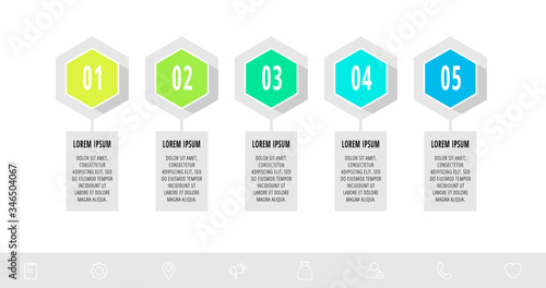 Hexagon infographic design template with 5 options and arrows. Vector business concept. Can be used for diagram, web, banner, workflow layout, presentations, flow chart, content, levels.