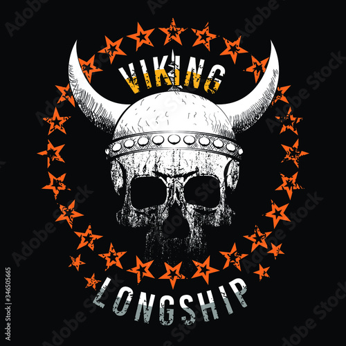Vector design for t-shirt of a skull with viking helmet, with a circle of orange stars on a black background.