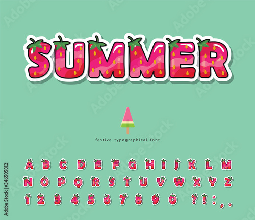 Summer font. Cartoon 3d decorative alphabet. Strawberry letters and numbers. For packaging, poster, banner, T-shirt, birthday card design. Vector