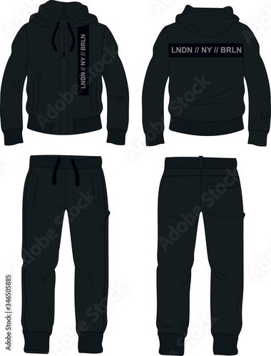 man suit set zipper hoodie jacket joggers pants black london template photo