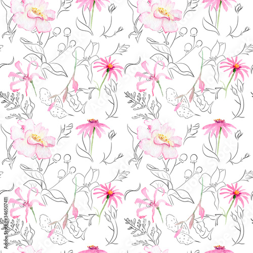watercolor drawing of exotic flowers with contour - seamless pattern © Toshka