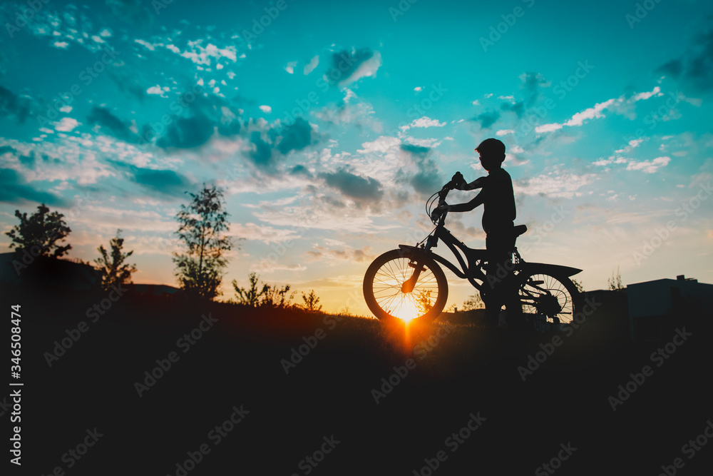 Fototapeta premium happy boy on bike ride in sunset nature