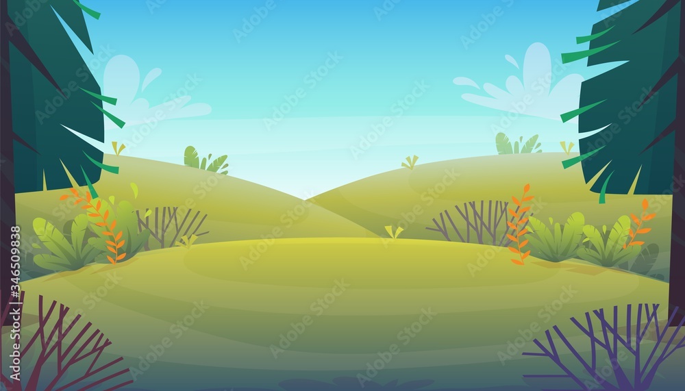grass glade lawn in the forest background, joyful bright kids green field, cartoon style hill summer sun clear sky with clouds bushes and flowers in the garden with fir trees , vector
