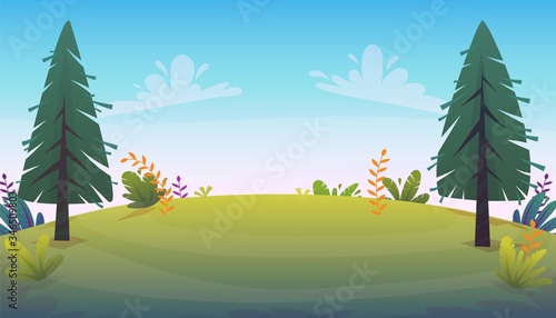 grass glade lawn in the forest background  joyful bright kids green field  cartoon style hill summer sun clear sky with clouds bushes and flowers in the garden with fir trees   vector