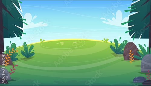 grass glade lawn in the forest background, joyful bright kids green field, cartoon style hill summer sun clear sky with clouds bushes and flowers in the garden with fir trees , vector