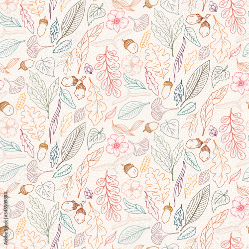 Leaves, flower, branches are hand-draw, doodle graphic, vector seamless pattern 