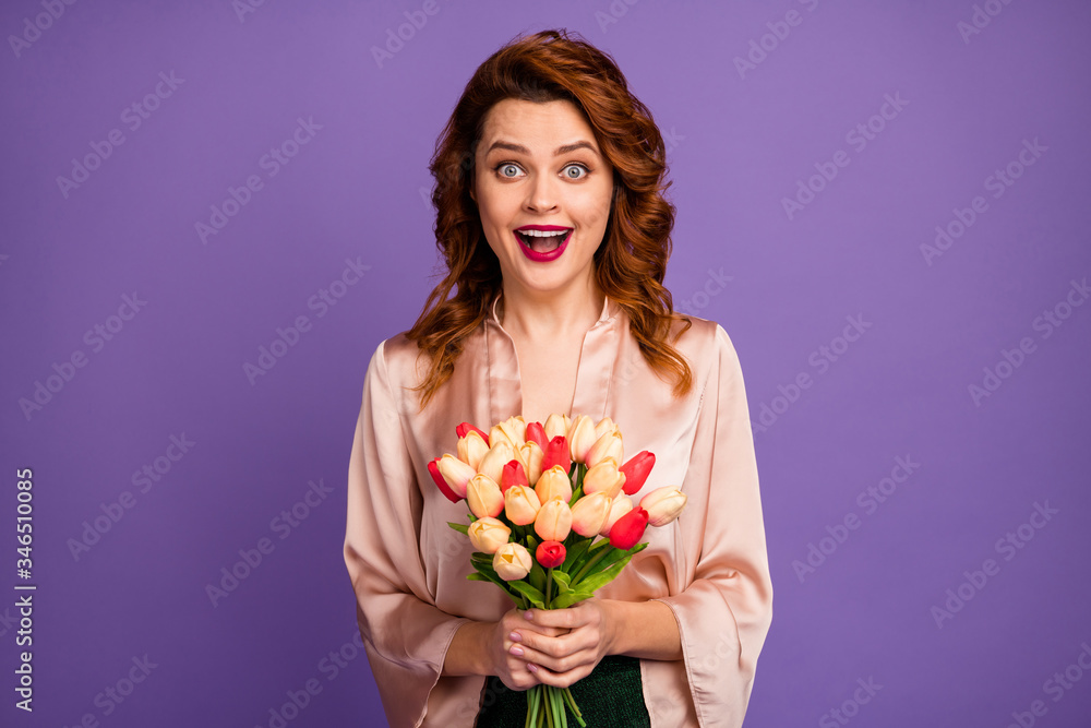 Photo of charming crazy lady hold bunch of fresh tulip flowers affectionate 8 march surprise party open mouth wear luxury beige shirt blouse isolated purple color background Photo of charming crazy lady hold bunch of fresh tulip flowers affectionate 8 march surprise party open mouth wear luxury beige shirt blouse isolated purple color background