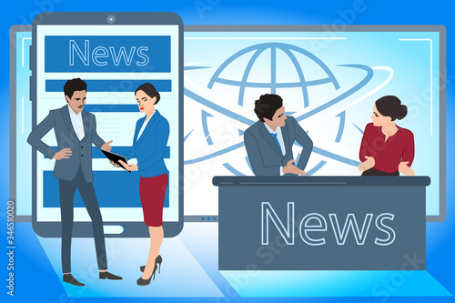 Live broadcast news program. Television presenters man and woman in the studio discuss. Glowing blue background - screen. Flat vector illustration.