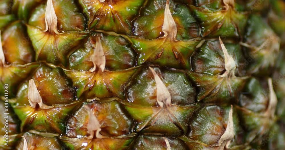 Unpeeled fresh pineapple slowly rotates. Unpeeled fresh pineapple slowly rotates.