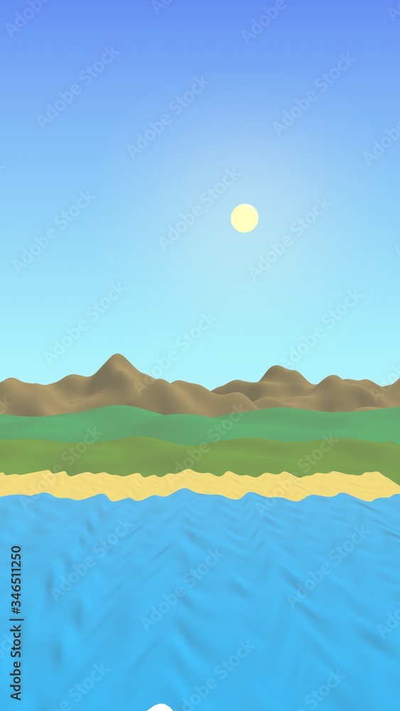 Sun Sea Beach. Noon. Ocean shore line with waves on a beach. Island beach paradise with waves. Vacation, summer, relaxation. Seascape, seashore. Minimalist landscape, primitivism. 3D illustration