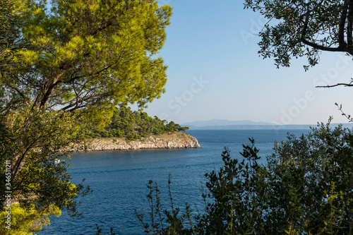 Adriatic sea with very clear blue water in Makarska, shot at the Mediterranean coast in Dalmatia Croatia. Beautiful pinetrees and greenery ceate an idyllic and mindful scenery in summer, blue sky