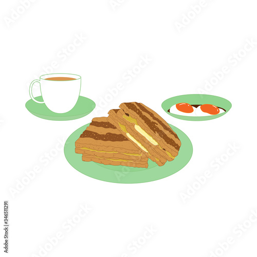 Kaya Toast isolated on white background. Traditional Singapore Breakfast. Cartoon hand drawn Singaporean food and Asian food. Great for menu, icon, logo design.