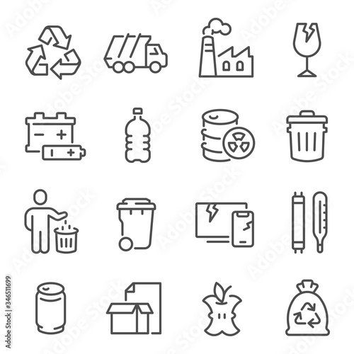 Big set of waste sorting, recycling thin line icons isolated on white. Garbage collection outline pictograms.