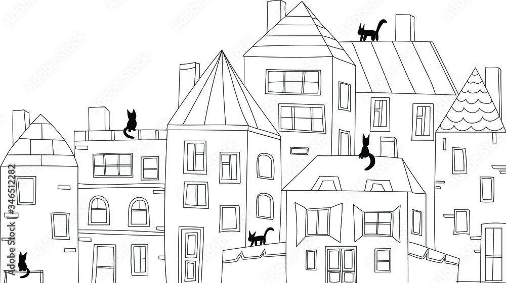 city ​​building vector. A small town.
Cute colorful houses drawn by hand. Black cats walk on the roofs