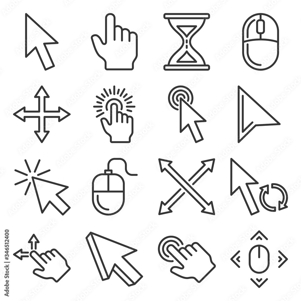 Computer Mouse Cursor Icons Set on White Background. Line Style Vector Computer Mouse Cursor Icons Set on White Background. Line Style Vector