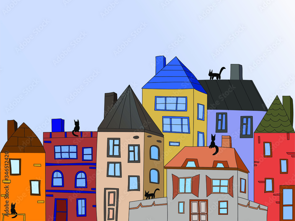 Naklejka premium city ​​building vector. Small town. Cute colorful houses drawn by hand. Black cats walk on the roofs. Night, big moon and stars
