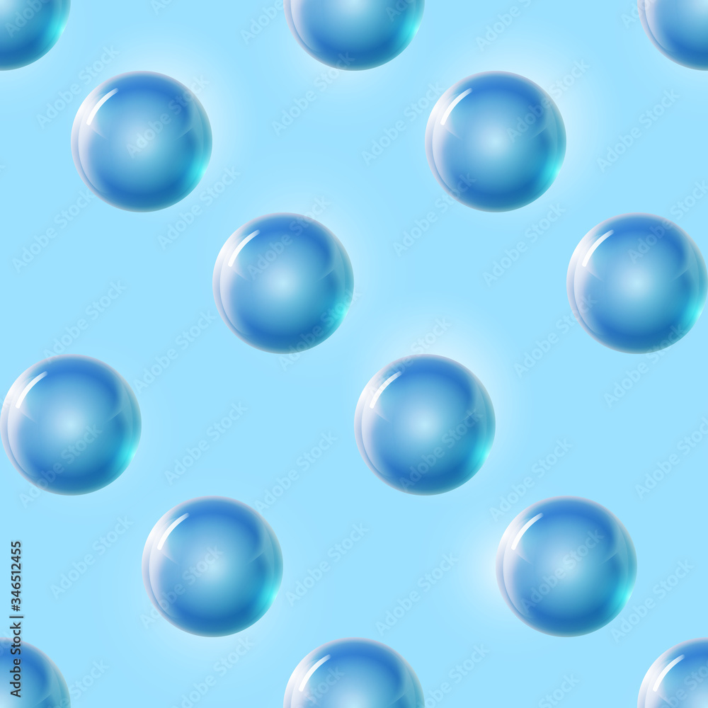 Seamless abstract pattern with glass blue balls or precious pearls. Glossy realistic ball. 3D vector illustration highlighted on a light background. Metal bubble.