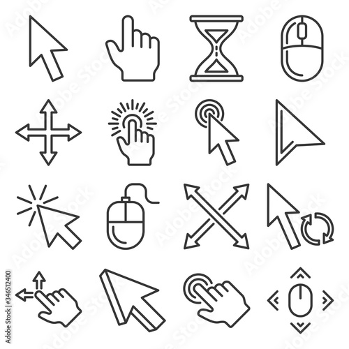 Computer Mouse Cursor Icons Set on White Background. Line Style Vector