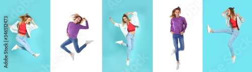 Vászonkép Collage with photos of woman in fashion clothes jumping on different color backgrounds