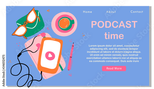 Online show flat vector landing page template. Internet online radio streaming listening web banner, website. Smartphone music applications, playlist. Podcast show broadcasting.