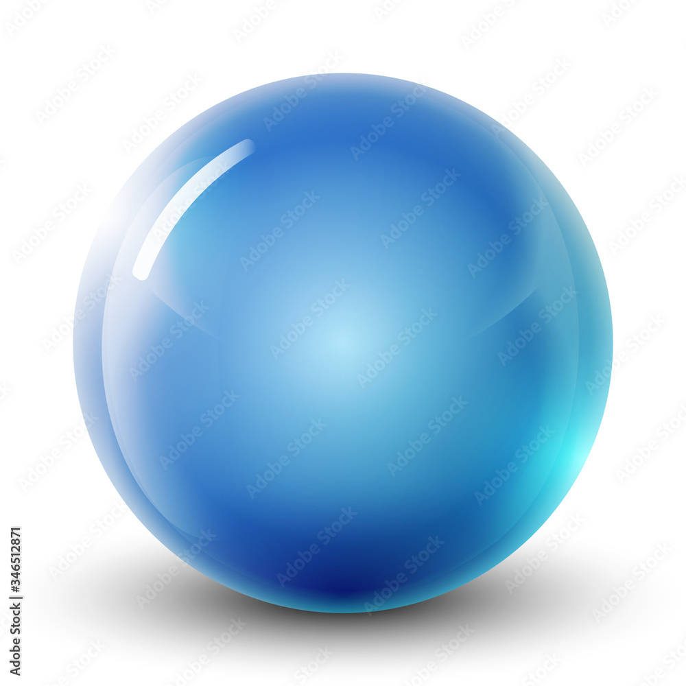 Glass light blue ball or precious pearl. Glossy realistic ball, 3D abstract vector illustration highlighted on a white background. Big metal bubble with shadow. Glass light blue ball or precious pearl. Glossy realistic ball, 3D abstract vector illustration highlighted on a white background. Big metal bubble with shadow.