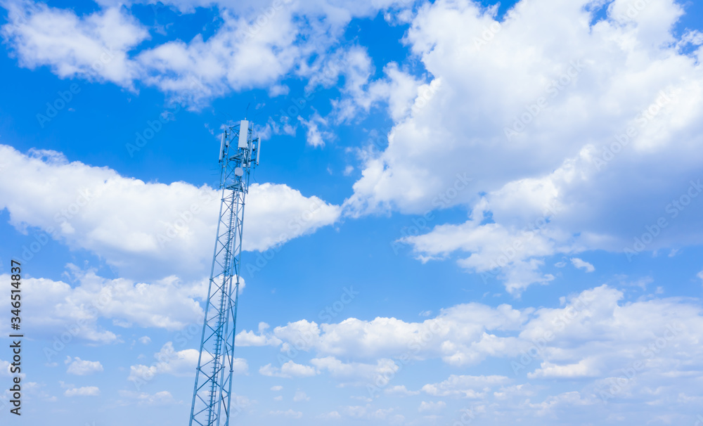 Telecommunication tower of 4G and 5G cellular. Cell Site Base Station. Wireless Communication Antenna Transmitter. Telecommunication tower with antennas against blue sky background. Telecommunication tower of 4G and 5G cellular. Cell Site Base Station. Wireless Communication Antenna Transmitter. Telecommunication tower with antennas against blue sky background.