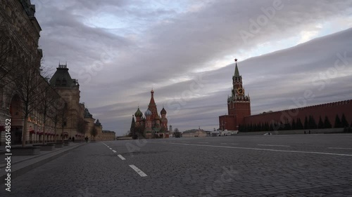 Red Square at spring sunset. Bright Saint Basil's Cathedral / Cathedral of Vasily the Blessed. Spasskaya Tower. GUM. Coronavirus pandemic. 