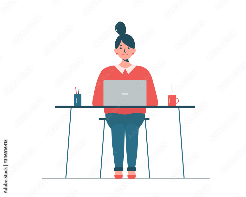 Woman sitting with laptop and working from home. Freelance concept
