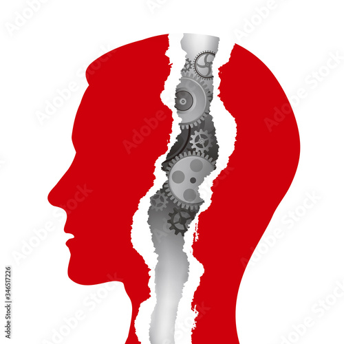 
Psychology, mental health concept.
 Illustration of red Male head in profile and gears In a torn hole in the paper. Vector available.