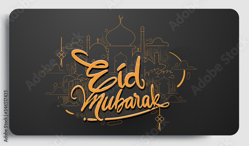 Obraz na płótnie Eid mubarak greeting template, hand draw art with mosque and lettering typography of Eid mubarak, place for text greeting card and banner for Ramadan kareem. w salonie
