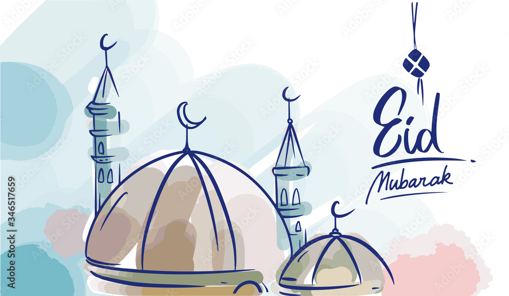 Hand drawn Sketch of mosque for Eid mubarak greetings card with watercolor Background. Greetings card for ramadan kareem celebartion. Vector Illustration.