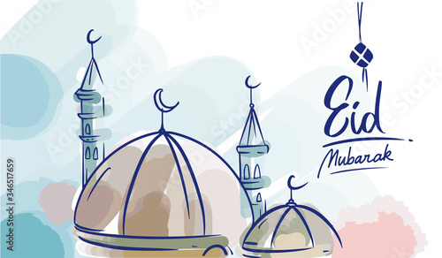 Obraz na płótnie Hand drawn Sketch of mosque for Eid mubarak greetings card with watercolor Background. Greetings card for ramadan kareem celebartion. Vector Illustration. w salonie