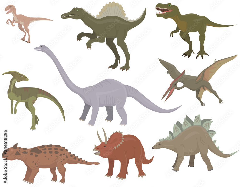 Big set of different dinosaurs. Herbivorous and carnivorous jurassic reptiles.