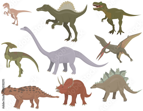 Big set of different dinosaurs. Herbivorous and carnivorous jurassic reptiles.