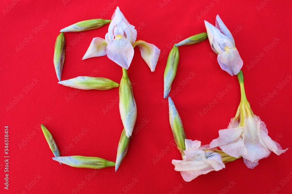 Number 90 written by fresh iris flowers on a red background. Number ninety written in fresh flowers isolated on red.