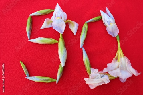 Obraz na płótnie Number 90 written by fresh iris flowers on a red background. Number ninety written in fresh flowers isolated on red. w salonie