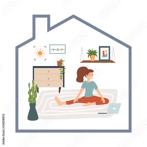 Young woman doing yoga activity at cozy home. Yoga, fitness, stretching online class. COVID-19 virus outbreak, social distancing, sport exercise at Home. Flat cartoon vector illustration.