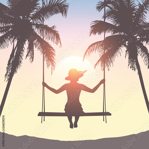 girl on a swing on tropical palm tree summer holiday background vector illustration EPS10