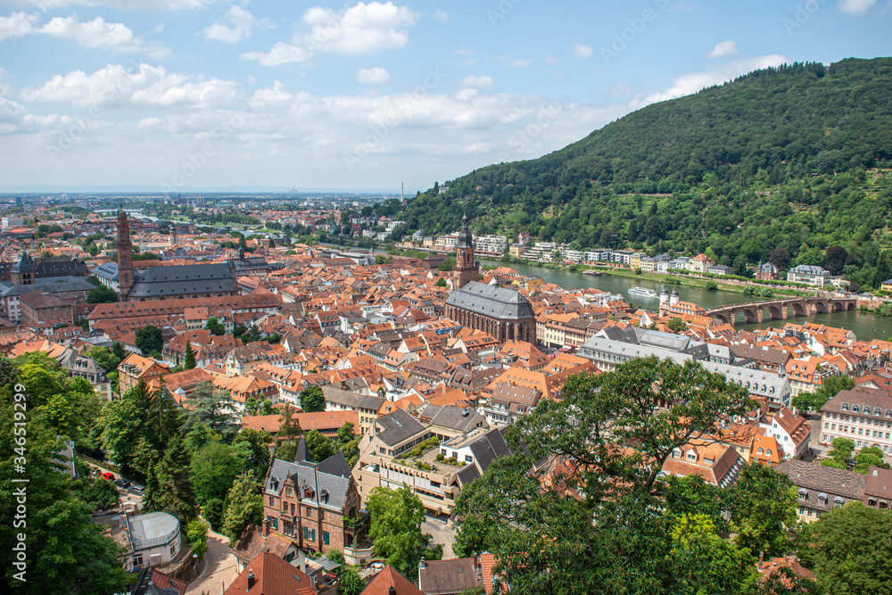 hot summer day viewpoint on Heidelberg castle view on old town and the church, Baden Wuerttemberg,