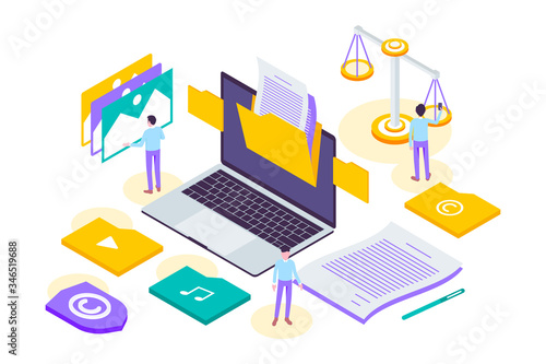 Modern Isometric Copyright and Internet Technology Law Illustration, Web Banners, Suitable for Diagrams, Infographics, Book Illustration, Game Asset, And Other Graphic Assets