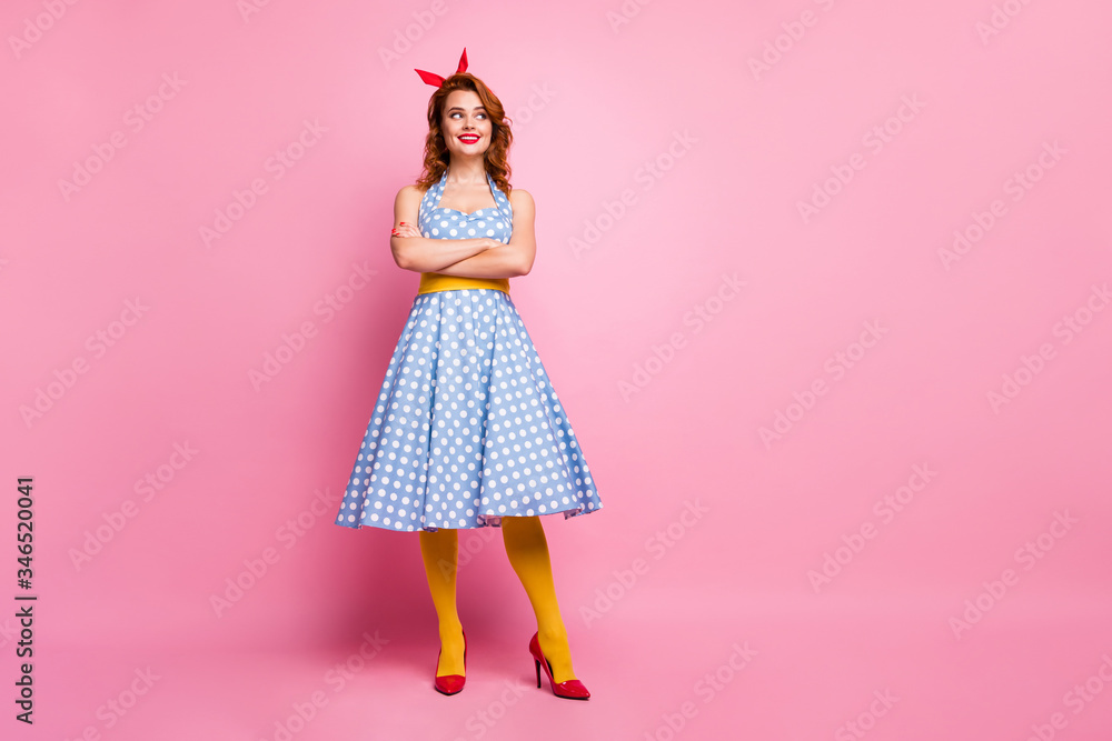 Full body photo of cheerful pretty cute sweet lady cross hands look copyspace wear polka-dot clothes tights isolated over pink color background Full body photo of cheerful pretty cute sweet lady cross hands look copyspace wear polka-dot clothes tights isolated over pink color background